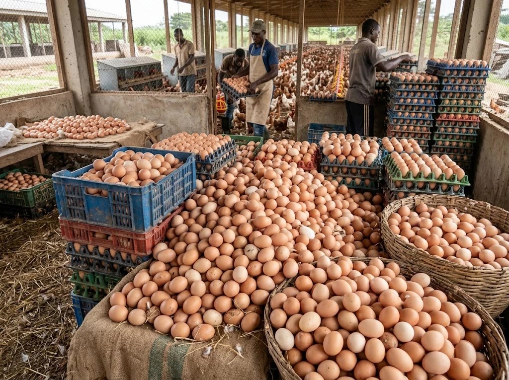 Crates of freshly collected eggs at Lashone Farms, where agriculture students train