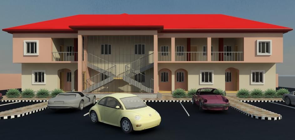 3D view of a block of flats with parking